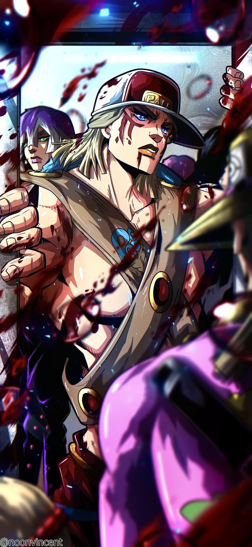 1girl, 3boys, absurdres, araki_hirohiko_(style), baseball_cap, blonde_hair, blood, blood_from_mouth, blood_on_face, blood_on_hands, blood_splatter, blue_eyes, bobby_jean, elevator_door, from_behind, green_eyes, hair_ornament, hairclip, hat, highres, jodio_joestar, jojo_no_kimyou_na_bouken, long_hair, lulu_(the_jojolands), male_focus, messy_hair, multicolored_hair, multiple_boys, muscular, muscular_male, noonvincent, paco_laburantes, pants, pectorals, purple_hair, purple_pants, purple_shirt, red_pants, shirt, short_hair, the_jojolands, upper_body