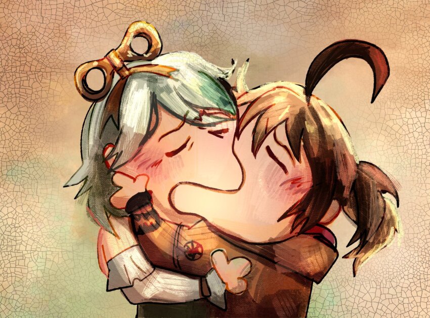 2girls, ahoge, cecilia_immergreen, gigi_murin, hair_ornament, hololive, hololive_english, kiss