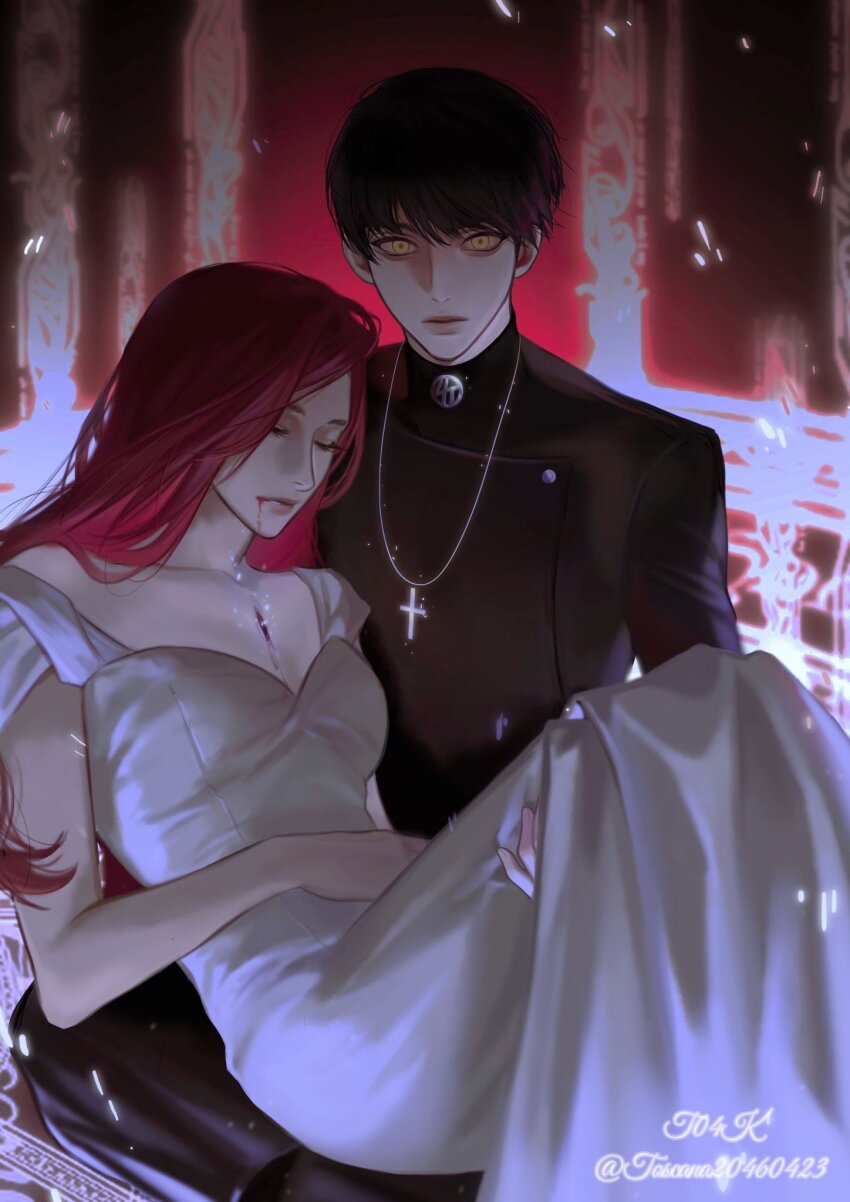 1boy, 1girl, artist_name, bare_shoulders, black_coat, black_hair, blood, blood_from_mouth, breasts, carrying, carrying_person, chinese_commentary, closed_eyes, closed_mouth, coat, collarbone, commentary_request, cowboy_shot, cross, cross_necklace, dress, eyeshadow, highres, indoors, jewelry, light_particles, long_hair, looking_at_viewer, magic_circle, makeup, necklace, original, parted_lips, pink_hair, short_hair, sitting, small_breasts, sparks, teeth, thick_lips, toscana20460423, twitter_username, white_dress, yellow_eyes