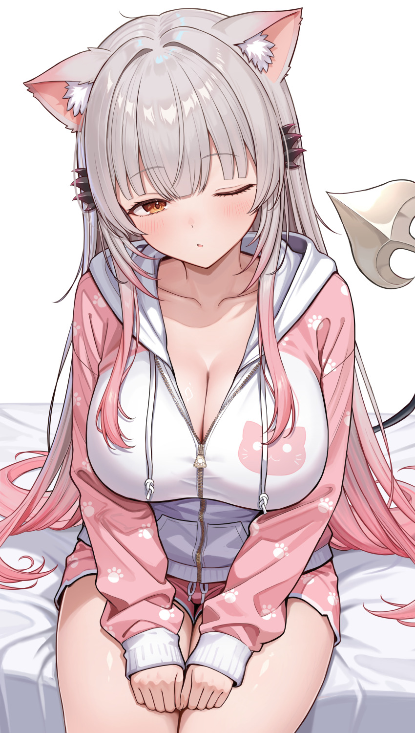 1girl, absurdres, animal_ear_fluff, animal_ears, animal_print, bed_sheet, blunt_bangs, blush