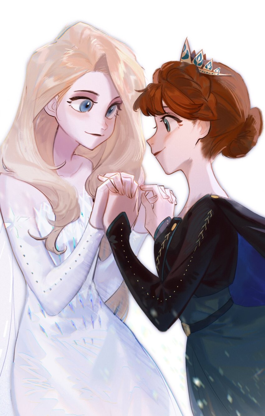 2girls, anna_(frozen), bare_shoulders, belt, black_belt, black_cape, black_jacket, blonde_hair