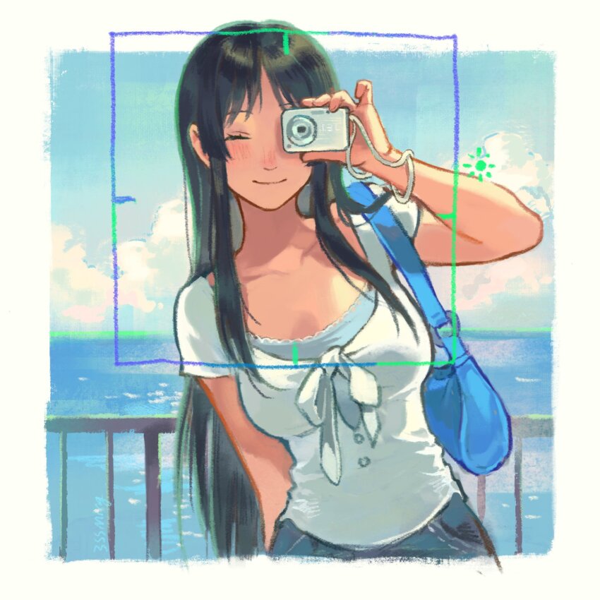1girl, akiyama_mio, bag, black_hair, blue_bag, blue_sky, blush, border, breasts, camera, closed_eyes, closed_mouth, cloud, collarbone, commentary_request, day, digital_camera, facing_viewer, hand_up, highres, holding, holding_camera, k-on!, large_breasts, long_hair, one_eye_covered, outdoors, railing, sann_mingg, shirt, short_sleeves, shoulder_bag, sky, smile, solo, standing, water, white_border, white_shirt