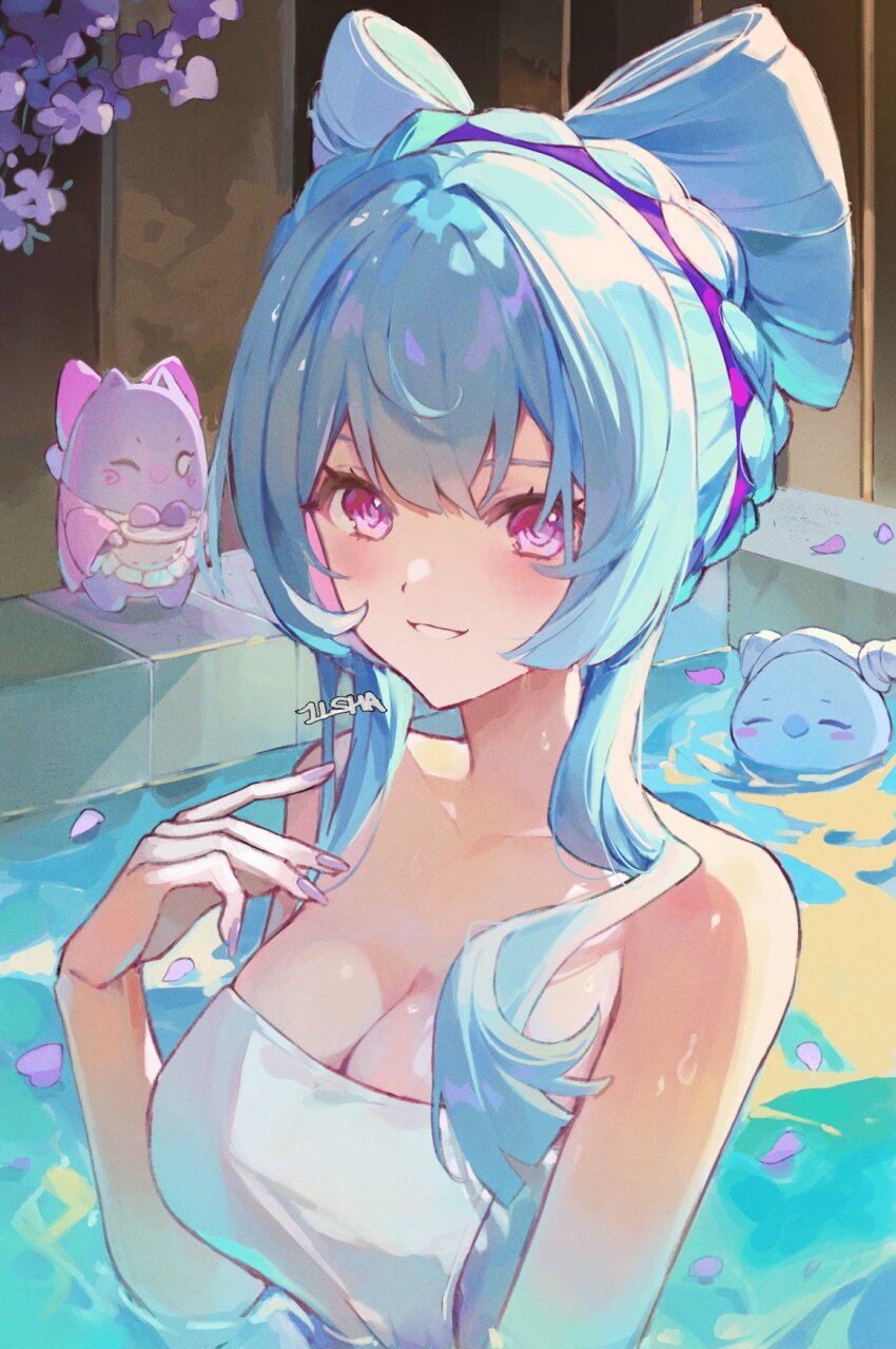 1girl, bare_shoulders, bath, blue_hair, commentary, genshin_impact, highres, looking_at_viewer, naked_towel, nihongami, petals, purple_eyes, purple_nails, purple_petals, sha_(nz2), signature, smile, untranslatable_commentary, towel, water, yumemizuki_mizuki