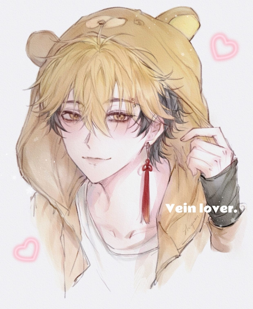 1boy, alternate_costume, animal_hood, artist_name, black_hair, blonde_hair, blush, closed_mouth