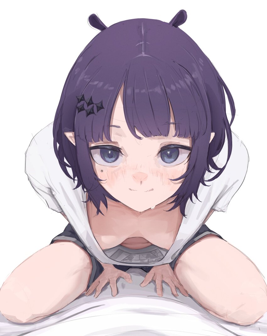 1girl, absurdres, alternate_breast_size_(larger), areola_slip, black_shorts, blue_eyes, breasts, closed_mouth, commentary, downblouse, english_commentary, good_morning_my_brother_(meme), highres, hololive, hololive_english, looking_at_viewer, meme, mole, mole_under_eye, ninomae_ina'nis, ninomae_ina'nis_(loungewear), no_bra, official_alternate_hairstyle, pointy_ears, purple_hair, shirt, short_hair, shorts, simple_background, small_breasts, solo, spicyyrum, sweat, tentacle_hair, virtual_youtuber, white_background, white_shirt