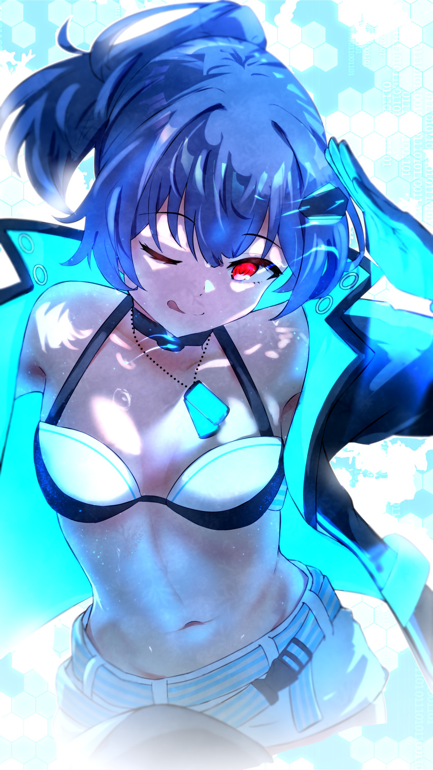 1girl, :q, absurdres, aqua_belt, aqua_gloves, aqua_jacket, bare_shoulders, belt