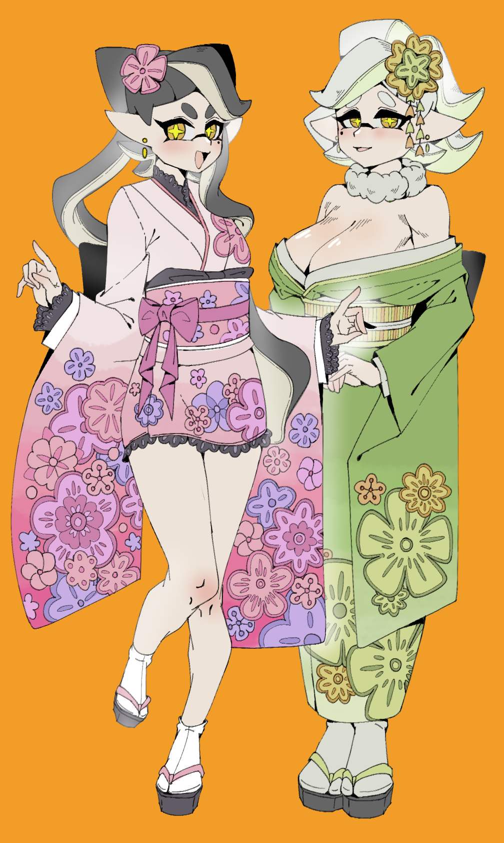 2girls, alternate_costume, black_hair, boom_(pixiv_17287082), breasts, callie_(splatoon), cleavage, earrings