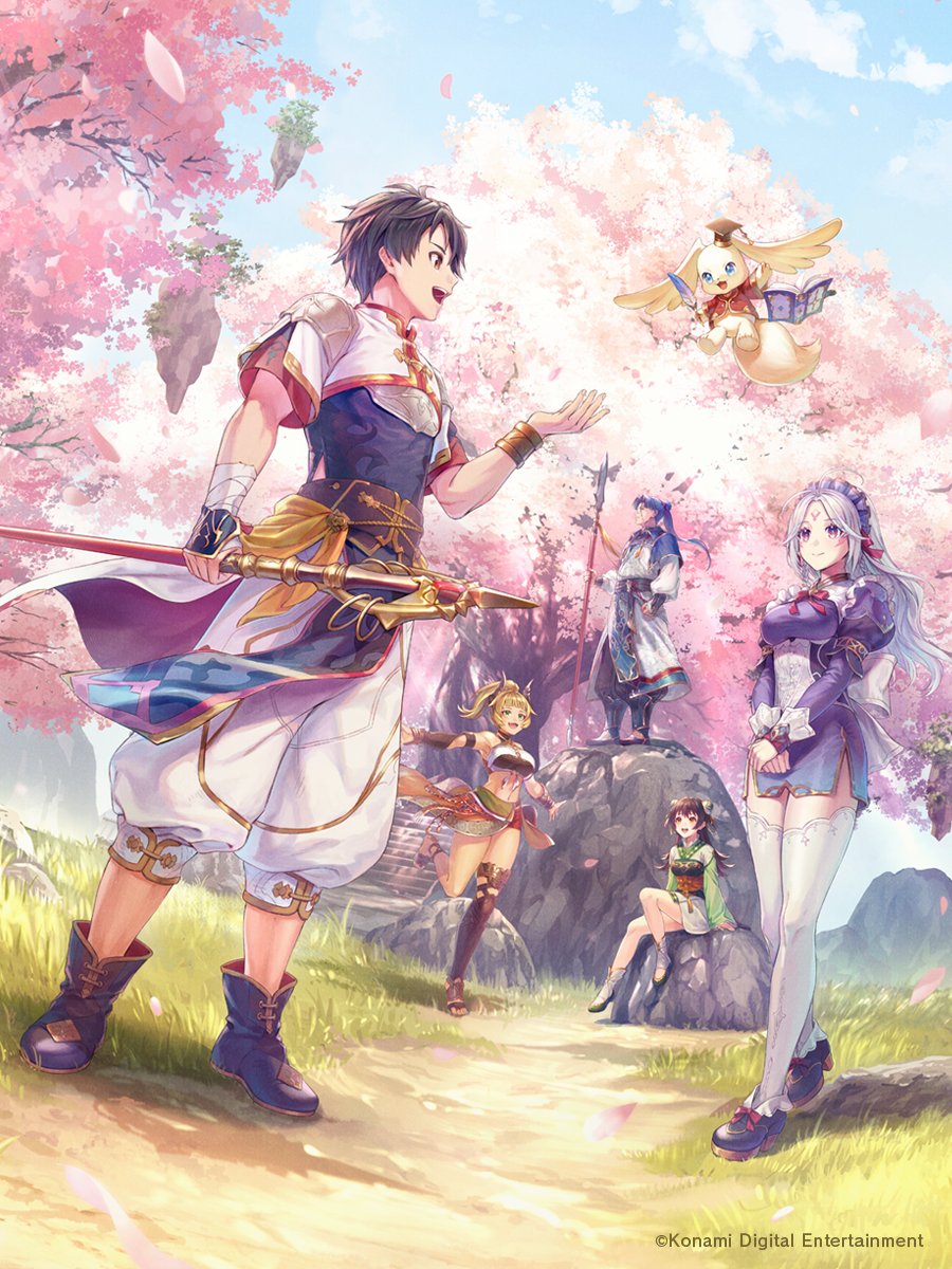 black_hair, breasts, cherry_blossoms, gensou_suikoden, gensou_suikoden_star_leap, hero_(suikoden_star_leap), highres, hisui_(suikoden), holding, holding_weapon, konami, large_breasts, long_hair, maid, monocle, official_art, outdoors, shapur_(suikoden), shirin_(suikoden), short_hair, smile, weapon, white_hair