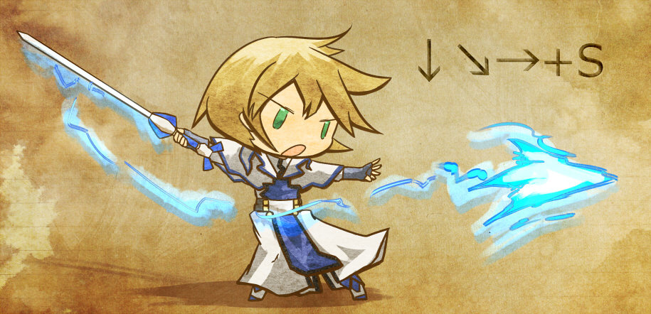 1boy, akihiyo, arc_system_works, blonde_hair, chibi, fingerless_gloves, gameplay_mechanics, gloves