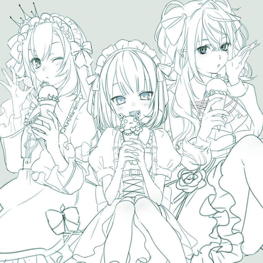 1boy, 2girls, bow, breasts, chest_harness, cleavage, closed_mouth, collar