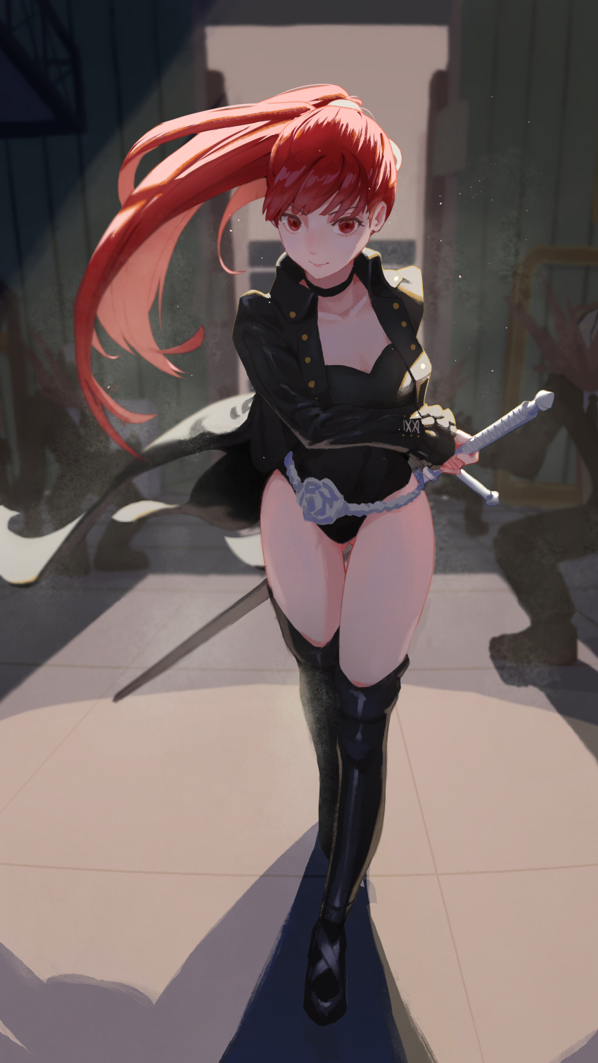 1girl, absurdres, asuka-w, black_choker, black_jacket, black_leotard, buttons, choker