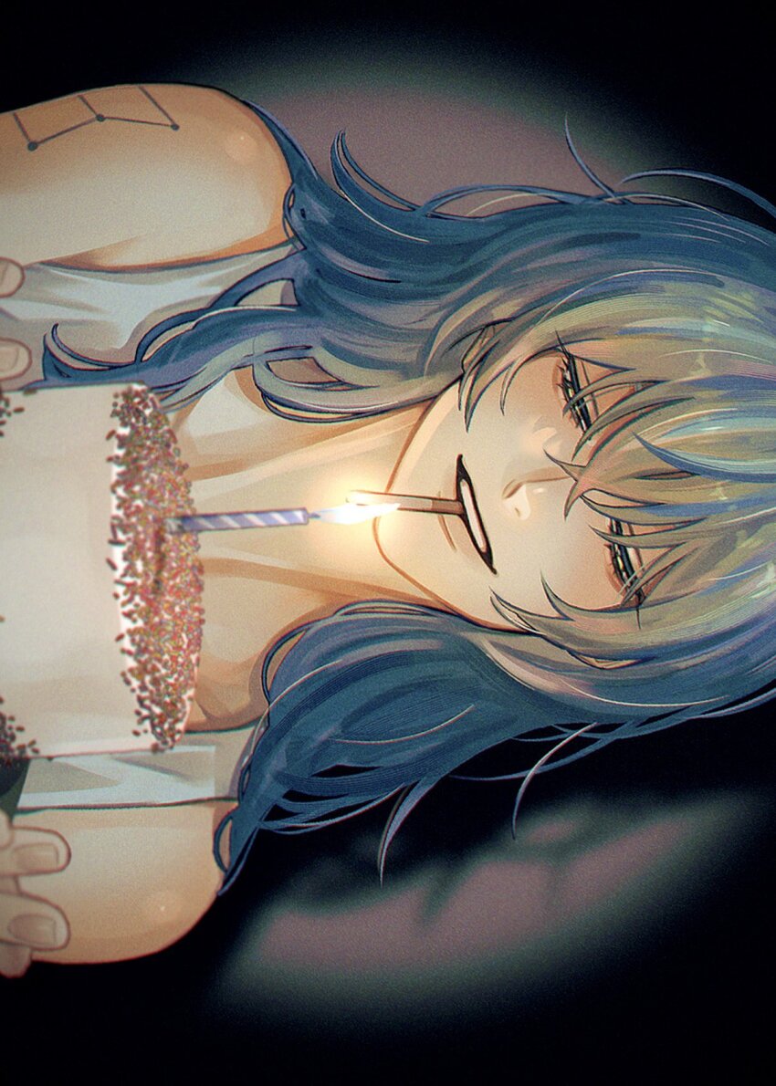 1girl, akao_rion, bare_shoulders, blue_hair, cake, candlelight, cigarette, close-up, crossed_bangs, dark_background, eyelashes, fingernails, food, hair_between_eyes, highres, holding, holding_cake, holding_food, kuroiisana, long_hair, looking_at_object, sakamoto_days, shadow, shoulder_tattoo, sideways, simple_background, smile, smoking, solo, spotlight, tank_top, tattoo, teeth, upper_teeth_only, wavy_hair, white_tank_top