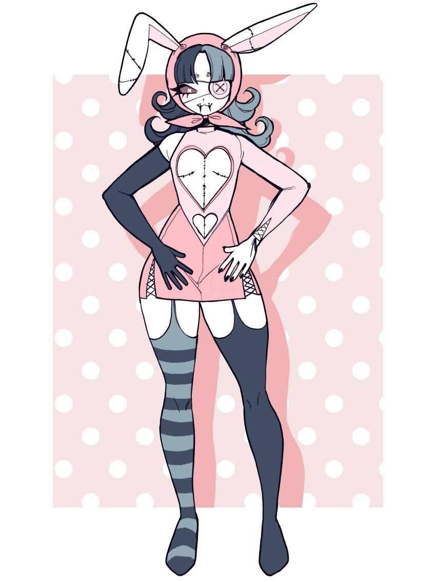 :3, absurdres, androgynous, angelbite_(piercing), animal_ears, clothing_cutout, colored_skin, dreamalgia