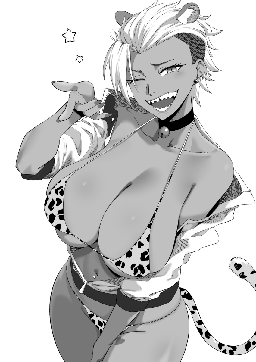 1girl, absurdres, alternate_breast_size, animal_ears, animal_print, bell, between_legs, bikini, breasts, dark-skinned_female, dark_skin, fake_animal_ears, fake_tail, gina_(nesz), greyscale, gyaru, hair_over_one_eye, hand_between_legs, highres, huge_breasts, large_breasts, leopard_ears, leopard_print, leopard_tail, looking_at_viewer, monochrome, nail_polish, navel, navel_piercing, neck_bell, nesz_r, one_eye_closed, original, partially_open_hoodie, piercing, pointing, pointing_at_viewer, print_bikini, sharp_teeth, short_hair, simple_background, slit_pupils, star_(symbol), swimsuit, tail, teeth, thick_thighs, thighs, tomboy, undercut, white_background, white_hair, wink_star