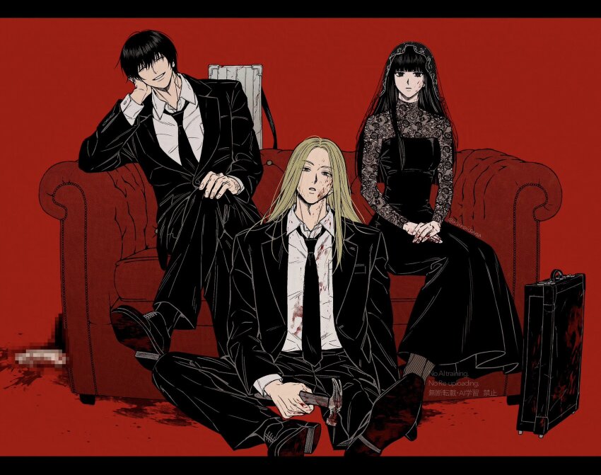 1girl, 2boys, adam's_apple, armrest, black_dress, black_eyes, black_hair, black_jacket