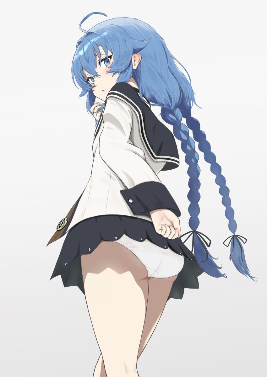 1girl, :o, ahoge, ass, black_sailor_collar, black_serafuku, black_skirt, blue_background