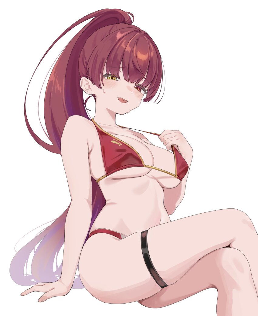 1girl, absurdres, bare_shoulders, bikini, breasts, crossed_legs, dareka3ab, heterochromia