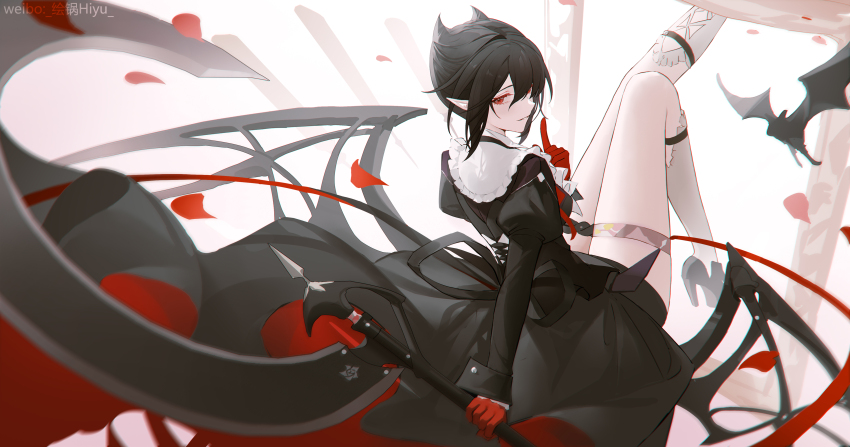 1girl, absurdres, animal, arknights, bat_(animal), black_dress, black_hair, chinese_commentary