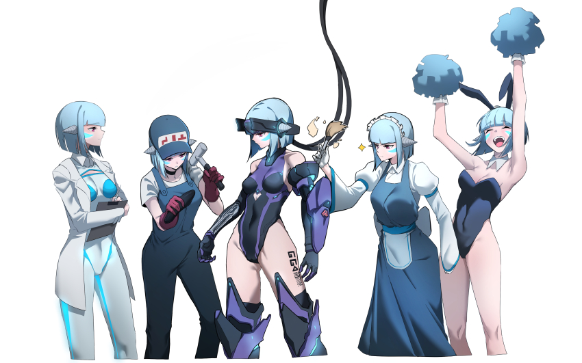 absurdres, android, android_mk.99, animal_ears, bare_shoulders, beer_mug, blue_hair, blunt_bangs