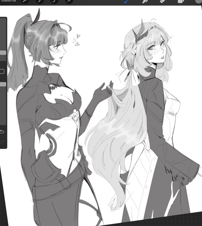 2girls, art_program_in_frame, cleavage_cutout, clothing_cutout, commentary, elysia_(honkai_impact), elysia_(miss_pink_elf)_(honkai_impact), english_commentary