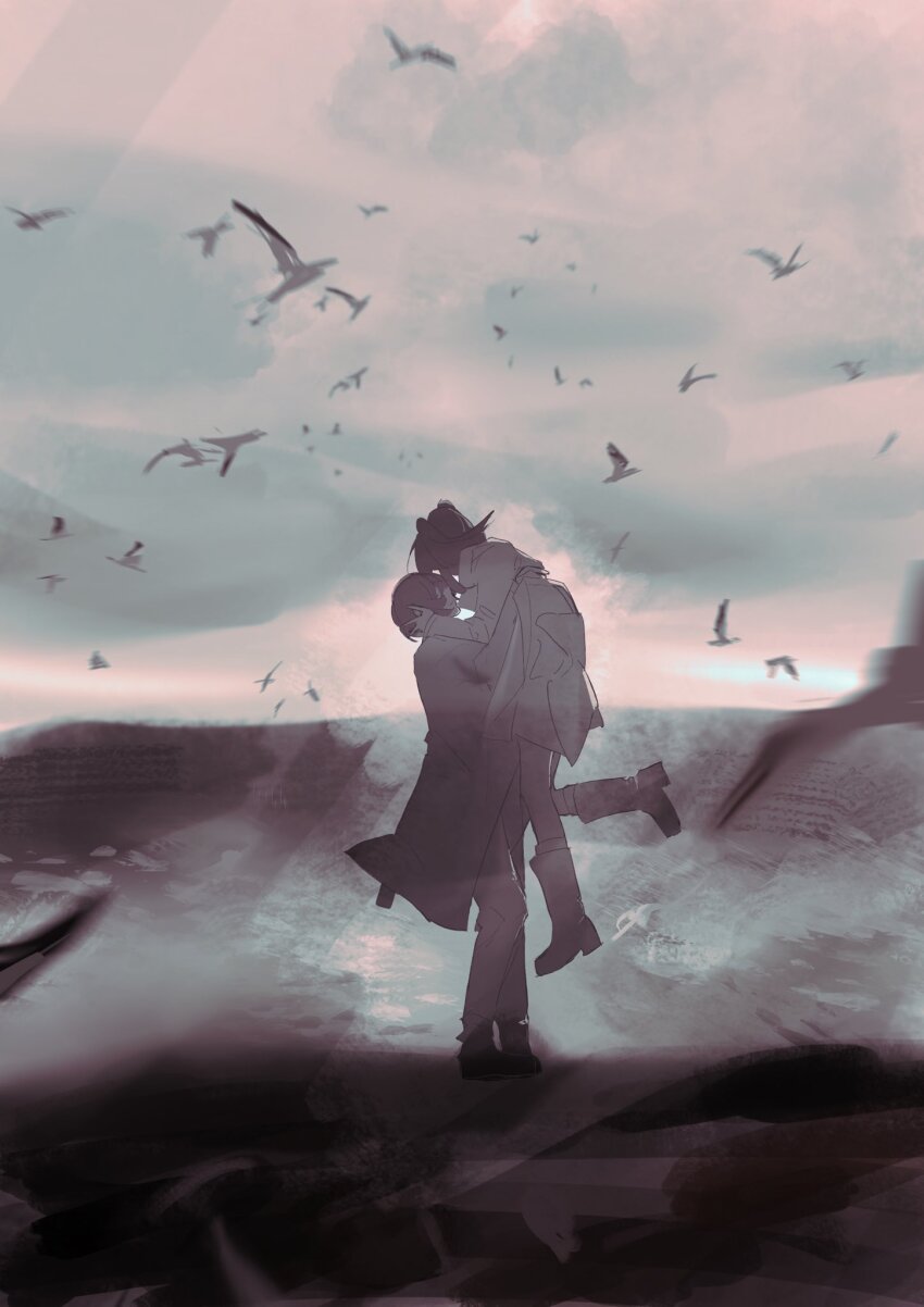 1boy, 1girl, arms_around_neck, bird, black_hair, cardigan, carrying, carrying_person, charles_eyler, hello_charlotte, henrietta_warhol, hetero, highres, looking_at_another, outdoors, short_hair, skirt, songan, twintails