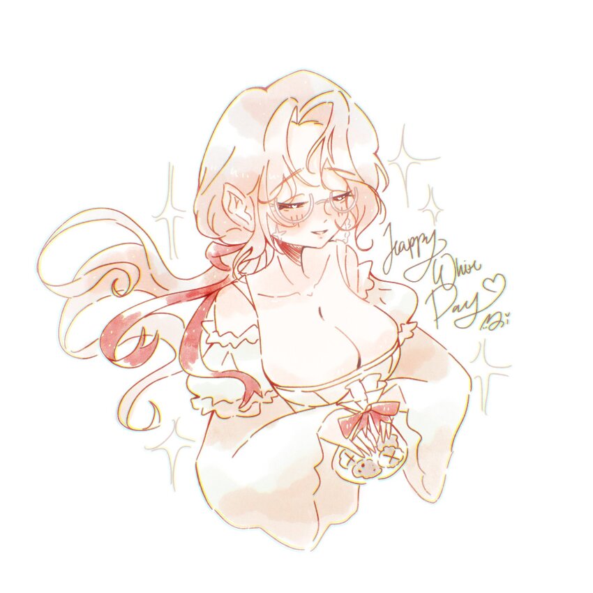 1girl, aia_amare, artist_name, bag_of_cookies, blush, breasts, cleavage, commentary