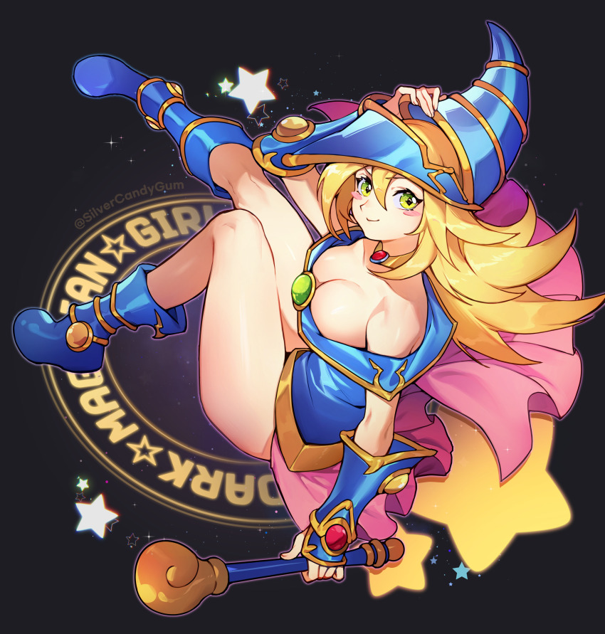 1girl, absurdres, black_background, blonde_hair, blue_boots, blue_dress, blush_stickers, boots, breasts, cleavage, commentary_request, dark_magician_girl, dark_magician_girl_the_magician's_apprentice, dress, duel_monster, green_eyes, hair_between_eyes, hand_on_headwear, highres, holding, holding_staff, large_breasts, long_hair, looking_at_viewer, magic_circle, on_magic_circle, phrygian_helmet, silvercandy_gum, sitting_on_magic_circle, smile, solo, staff, star_(symbol), thighs, yu-gi-oh!