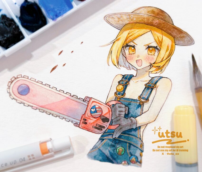 1girl, badge, blonde_hair, blush, button_badge, chainsaw, collarbone, fate/grand_order