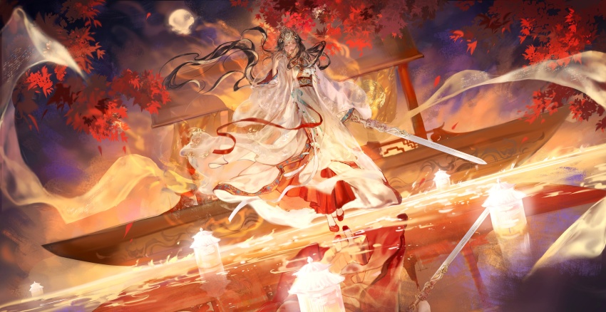 1girl, absurdres, autumn, autumn_leaves, black_hair, blood, blood_on_face, blue_sky