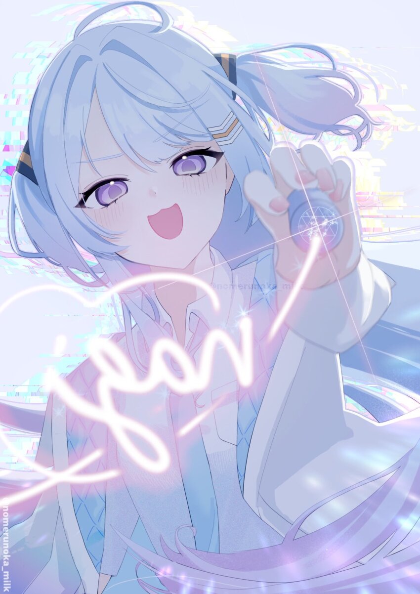 1girl, :3, blue_hair, blue_necktie, blush, character_name, collared_shirt, hair_ornament, hairpin, highres, jacket, long_hair, looking_at_viewer, necktie, nomerunoka_milk, okamoto_nagi, open_mouth, purple_eyes, shirt, signing, smile, solo, twitter_username, two-sided_fabric, two-sided_jacket, two_side_up, virtual_youtuber, vshojo, white_jacket, white_shirt
