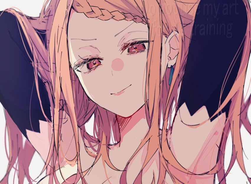 1girl, arms_behind_head, close-up, elbow_gloves, gloves, hands_in_own_hair, highres, looking_at_viewer, natsuneco_02, orange_hair, priscilla_barielle, re:zero_kara_hajimeru_isekai_seikatsu, red_eyes, smile, solo