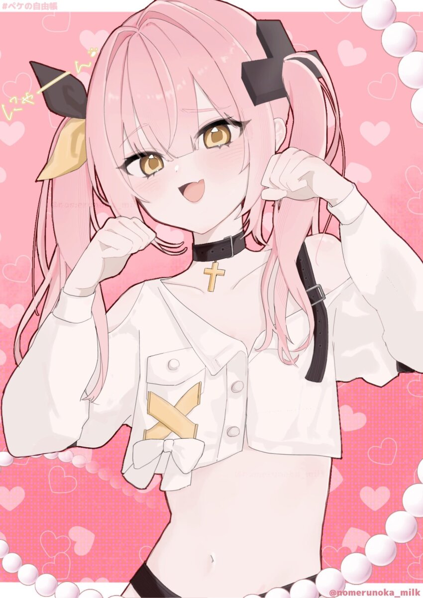 1girl, :3, asymmetrical_shirt, black_choker, blush, bow, choker, cropped_shirt