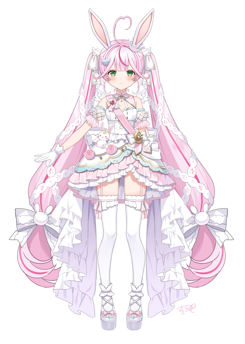 1girl, absurdres, ahoge, animal_ears, back_bow, bare_shoulders, bow, bracelet