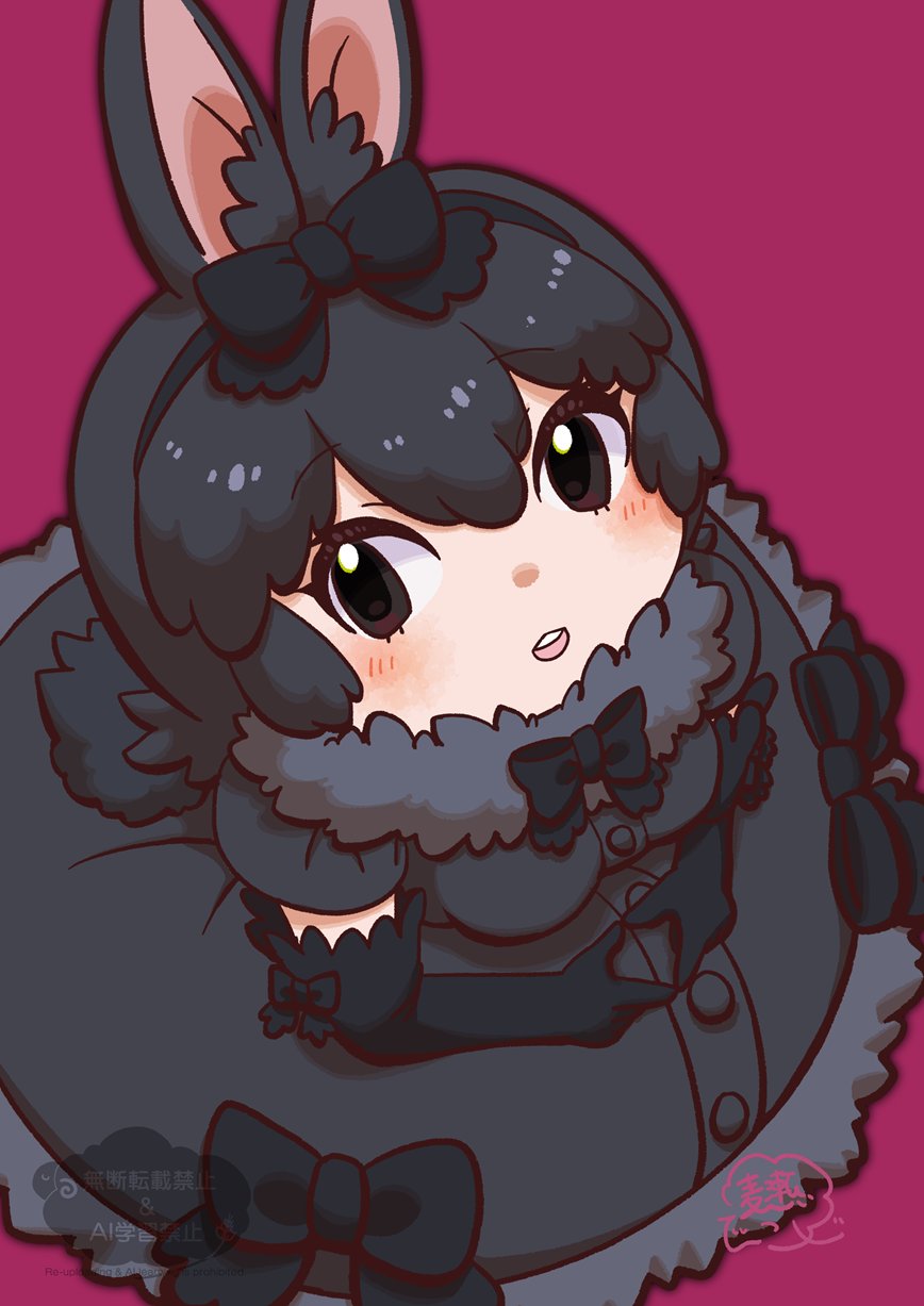 1girl, amami_rabbit_(kemono_friends), animal_ears, black_bow, black_bowtie, black_dress, black_eyes, black_gloves
