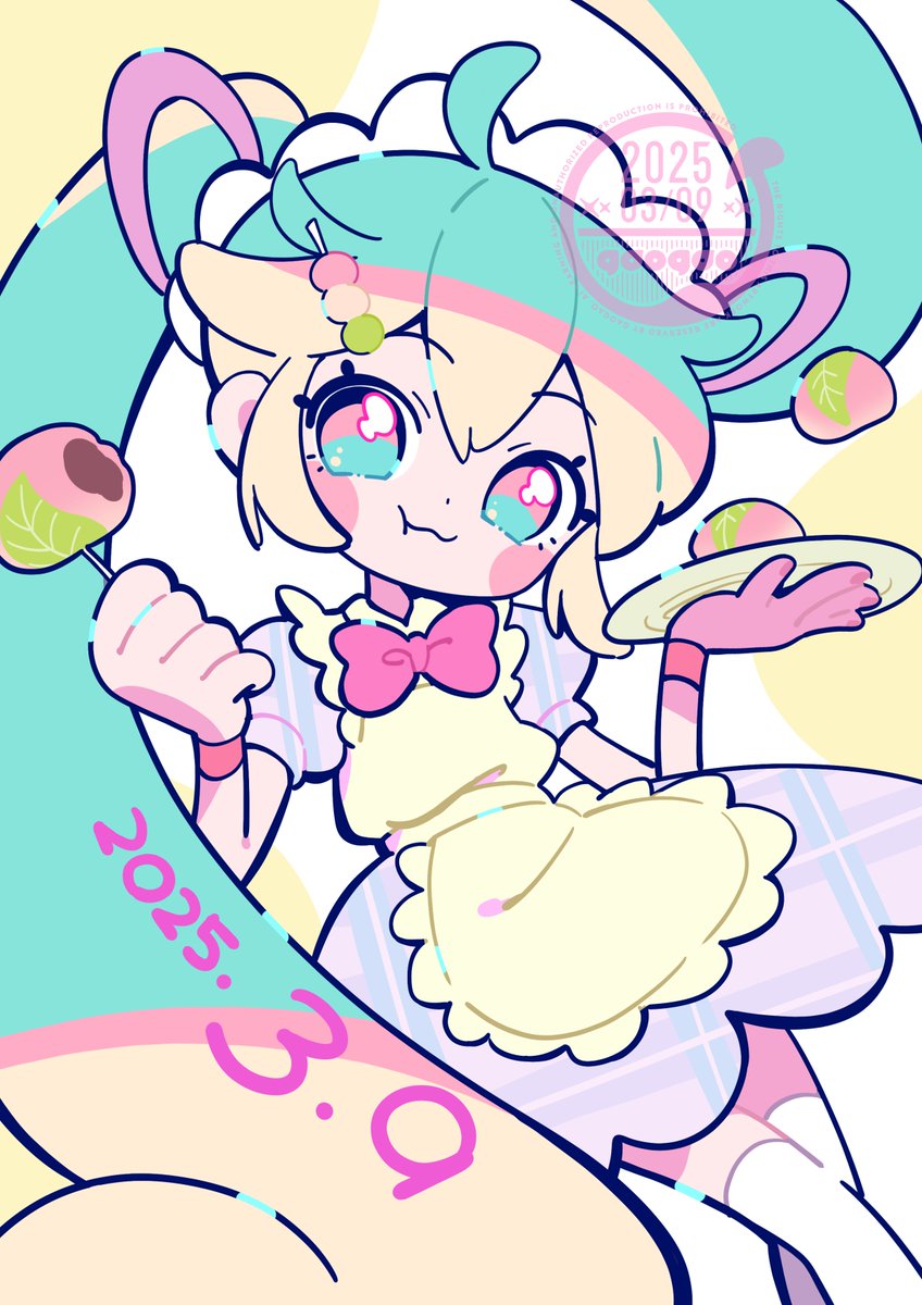 1girl, :3, ahoge, apron, blonde_hair, blue_eyes, blue_hair, blush_stickers, bow, bowtie, closed_mouth, commentary, dot_nose, dress, food, frilled_apron, frills, full_mouth, gaogao_(gaogaomegu), hair_between_eyes, hair_ornament, hairband, hatsune_miku, highres, holding, holding_food, holding_plate, long_hair, looking_at_viewer, maid_headdress, mochi, mochimochi_(vocaloid), multicolored_eyes, multicolored_hair, pink_bow, pink_bowtie, pink_eyes, pink_hair, plaid_clothes, plaid_dress, plate, puffy_short_sleeves, puffy_sleeves, purple_dress, sakura_mochi, short_sleeves, simple_background, smile, solo, thighhighs, twintails, very_long_hair, vocaloid, wagashi, watermark, white_apron, white_background, white_hairband, white_thighhighs, wristband