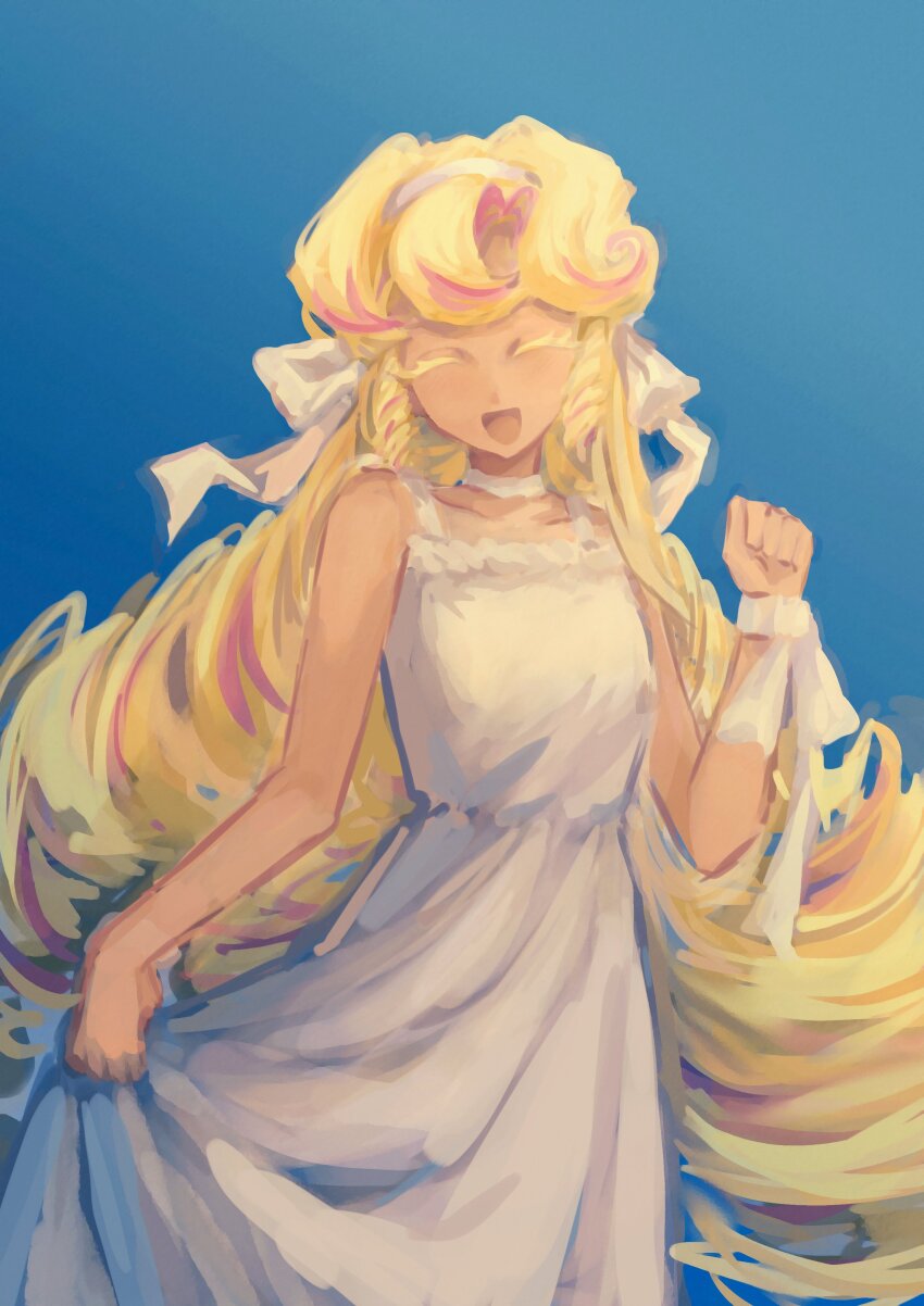 1girl, :d, absurdres, alternate_costume, bare_shoulders, blonde_hair, blue_background, bow