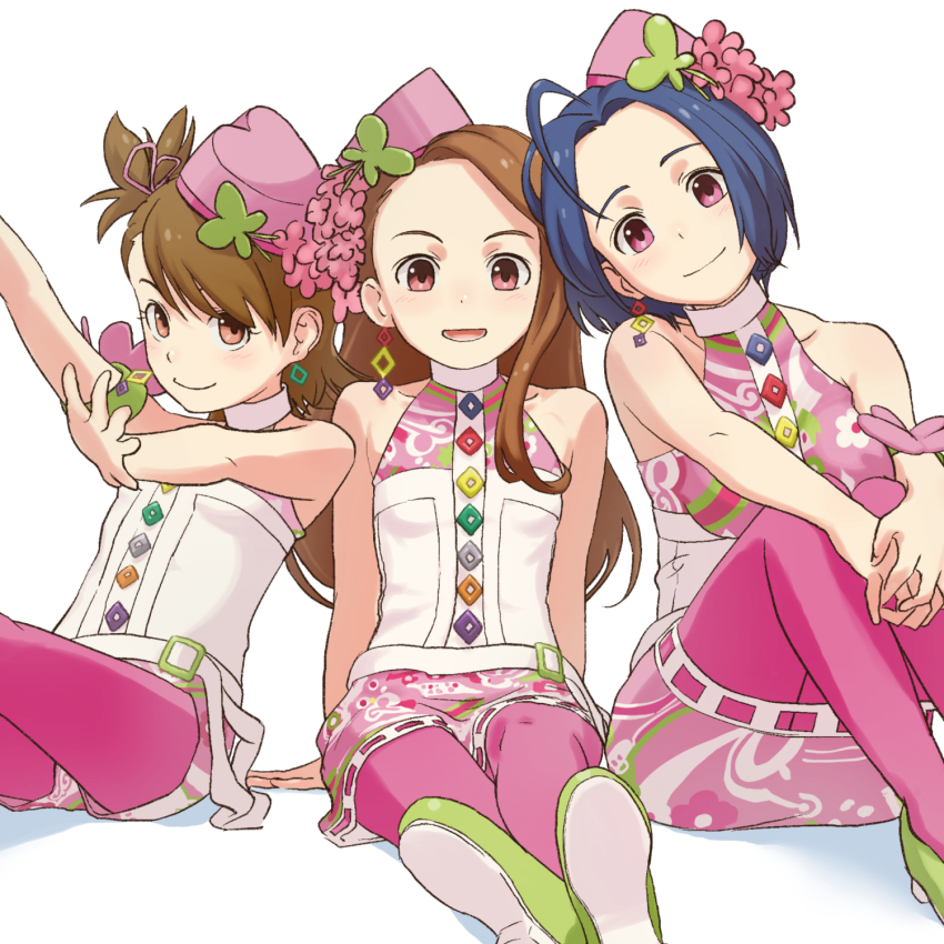 3girls, ahoge, arm_strap, bare_shoulders, blue_hair, blush, breasts, brown_eyes, brown_hair, collarbone, commentary_request, dress, earrings, futami_ami, green_shoes, hat, heart-shaped_hat, highres, idolmaster, idolmaster_(classic), idolmaster_2, jewelry, large_breasts, long_hair, looking_at_viewer, mappy_(minogue), minase_iori, miura_azusa, multiple_girls, open_mouth, own_hands_together, pantyhose, pink_hat, pink_pantyhose, princess_melody_(idolmaster), print_dress, purple_eyes, ryuuguu_komachi_(idolmaster), shoes, short_hair, side_ponytail, sitting, sleeveless, sleeveless_dress, small_breasts, smile