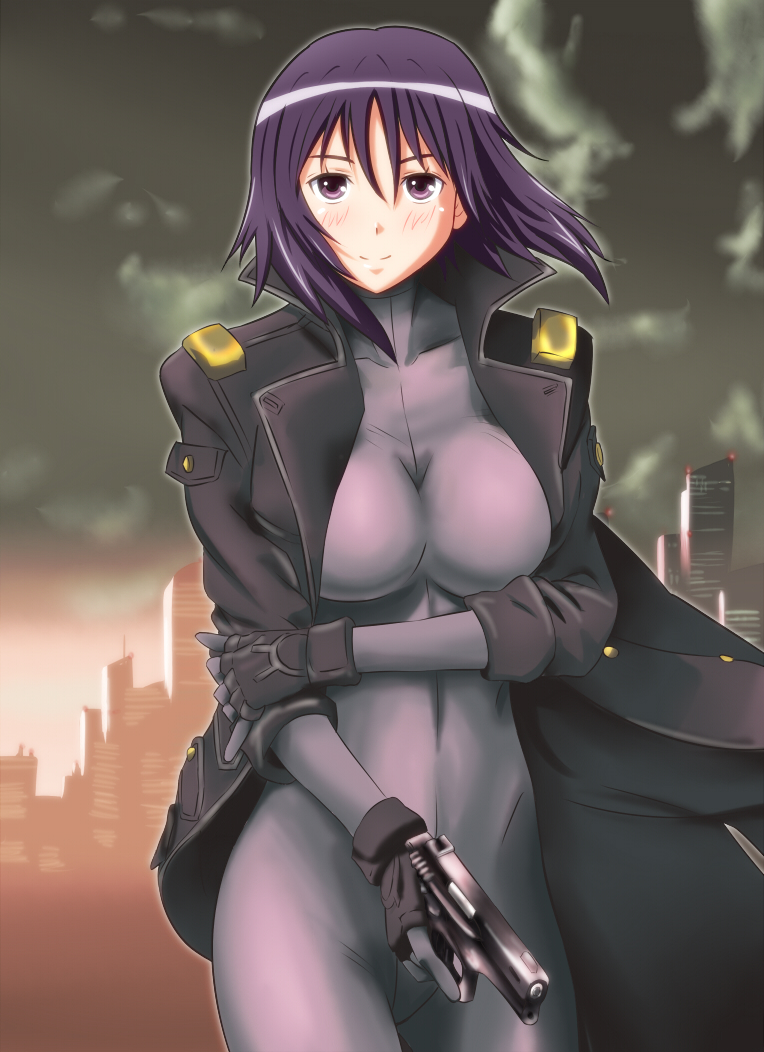 1girl, atsuko_(minami-ke), bodysuit, breasts, building, city, coat, cosplay