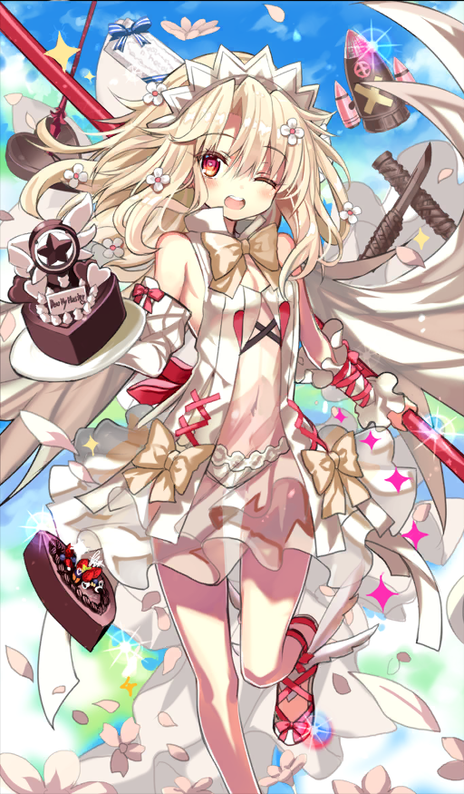 1girl, annotated, asymmetrical_sleeves, bare_shoulders, blonde_hair, blue_sky, blush, bow