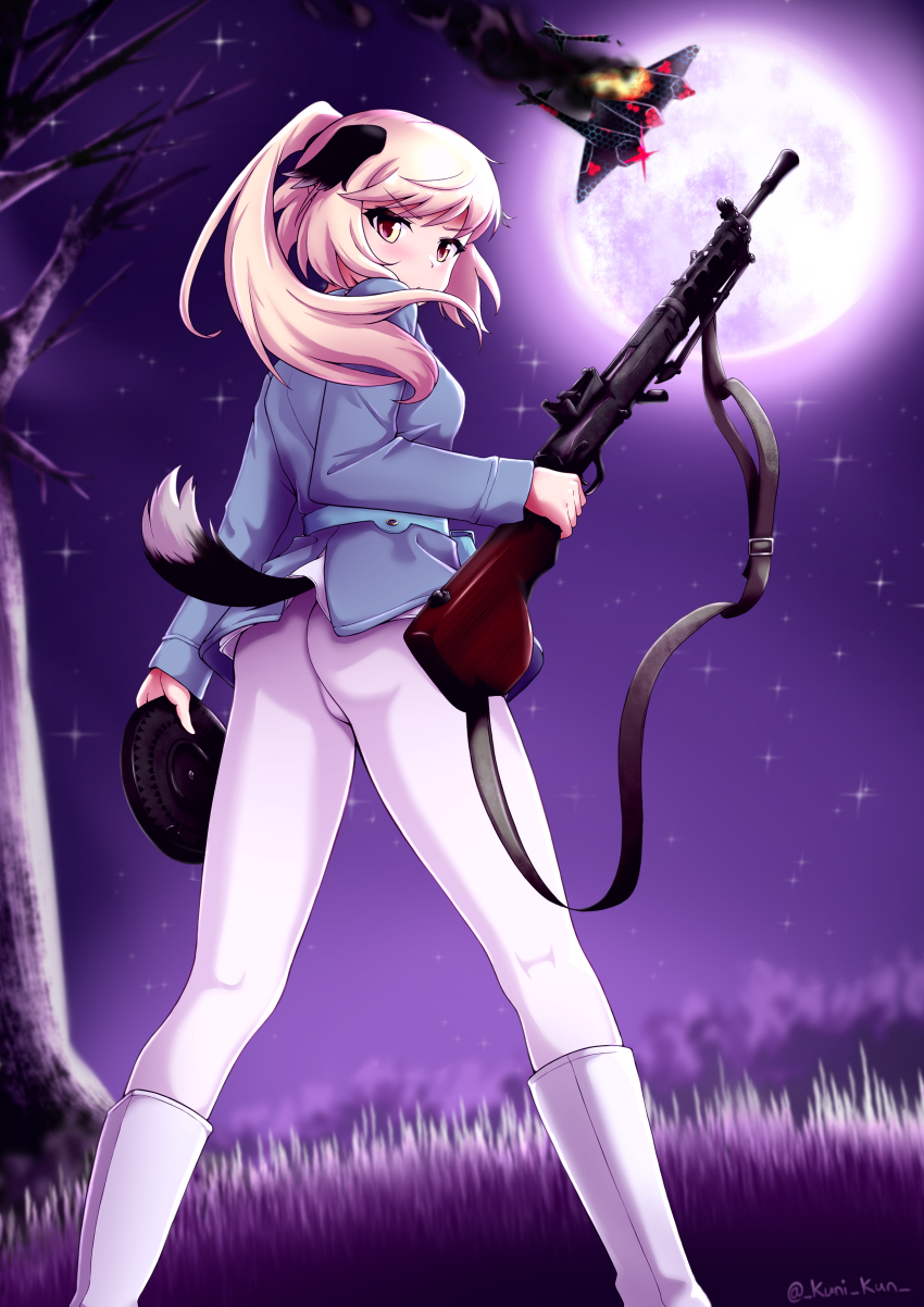 1girl, absurdres, animal_ears, back, blonde_hair, blue_jacket, boots, dog_ears
