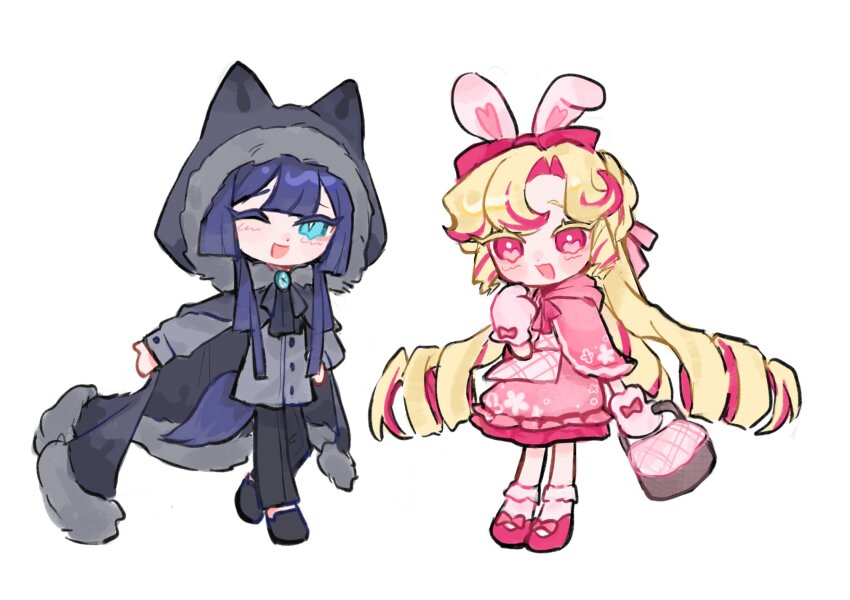 1boy, 1girl, :d, alternate_costume, animal_ears, bag, black_pants, black_shoes, blonde_hair, blue_eyes, bow, brooch, cape, capelet, colored_eyelashes, cookie_run, cookie_run:_kingdom, curly_hair, dress, flipped_bangs, full_body, fur_trim, gloves, grey_cape, grey_shirt, highres, holding, holding_bag, humanization, jewelry, kouign-amann_cookie, long_hair, looking_at_viewer, mokaink28, multicolored_hair, one_eye_closed, open_mouth, pants, pink_bag, pink_bow, pink_capelet, pink_dress, pink_gloves, pink_hair, pink_shoes, pink_socks, pink_streaks, prune_juice_cookie, purple_hair, rabbit_ears, shirt, shoes, simple_background, smile, socks, solo, standing, tail, very_long_hair, white_background, wolf_ears, wolf_tail