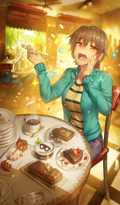 1boy, 2girls, aqua_sweater, artoria_pendragon_(fate), blonde_hair, blue_bow, blue_skirt, blush