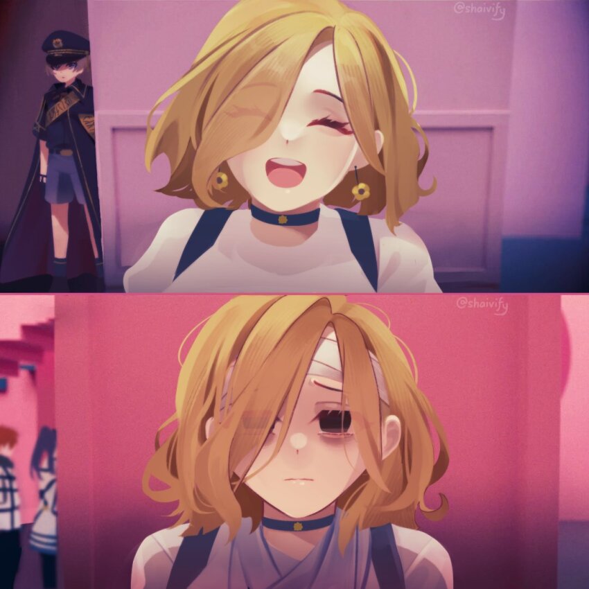 1boy, 1other, 2girls, :d, ^_^, asymmetrical_bangs, bags_under_eyes, bandaged_head, bandages, before_and_after, blonde_hair, brown_eyes, choker, closed_eyes, depressed, earrings, empty_eyes, es_(milgram), frown, furrowed_brow, hair_over_one_eye, jewelry, kajiyama_fuuta, kashiki_yuno, looking_at_viewer, meme, messy_hair, milgram, multiple_girls, open_mouth, parted_hair, restraints, shaivify, shiina_mahiru_(milgram), short_hair, smile, solo_focus, squid_game, straitjacket, sunflower_earring, year_1_&amp;_year_2_(squid_game)_(meme)