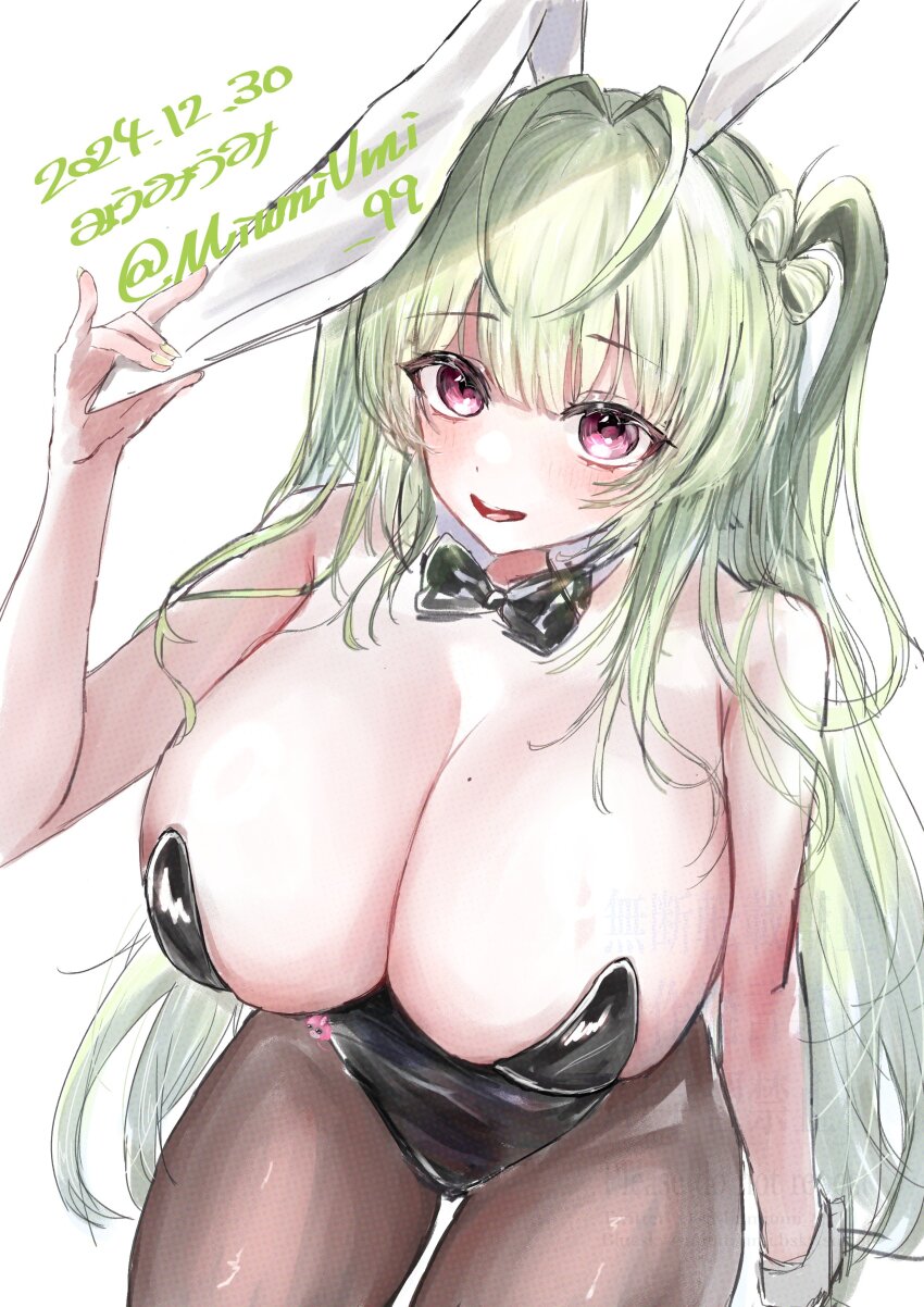 1girl, absurdres, animal_ears, black_leotard, bow, bowtie, breasts, detached_collar