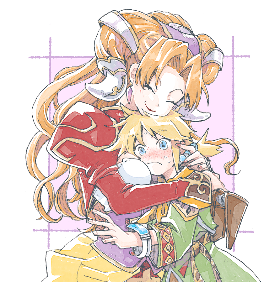 1boy, 1girl, between_breasts, blonde_hair, blue_eyes, blush, breasts, closed_mouth