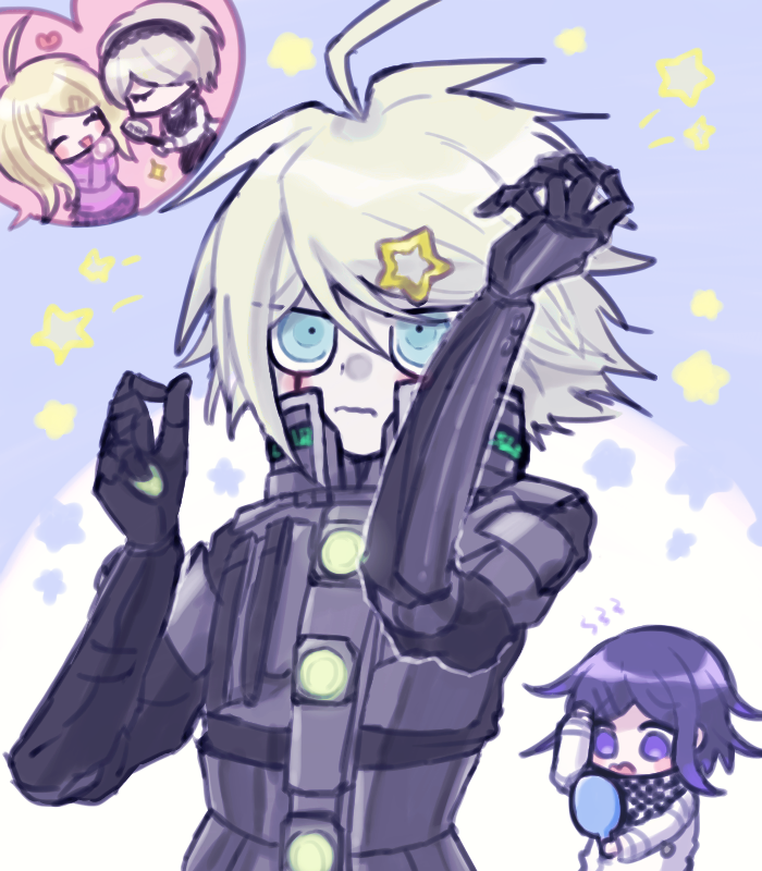 2boys, 2girls, ahoge, akamatsu_kaede, android, armor, blonde_hair, blue_eyes