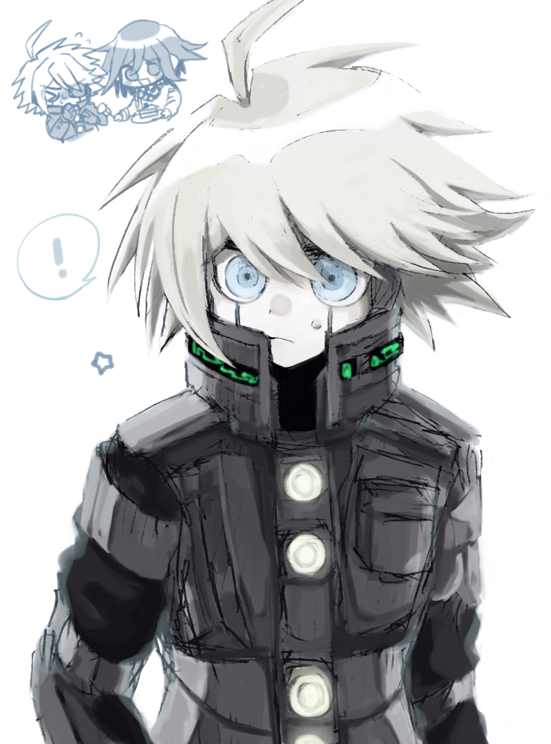 !, 2boys, ahoge, android, armor, blue_eyes, chibi, commentary_request, danganronpa_(series), danganronpa_v3:_killing_harmony, gloves, hair_between_eyes, k1-b0, long_sleeves, male_focus, medium_hair, miaivz, multiple_boys, oma_kokichi, pale_skin, partial_commentary, power_armor, ringed_eyes, robot_ears, short_hair, solo_focus, spoken_exclamation_mark, star_(symbol), upper_body, white_background, white_hair