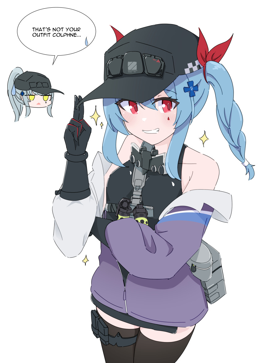 2girls, absurdres, arm_under_breasts, bare_shoulders, black_gloves, blue_hair, blush, braid