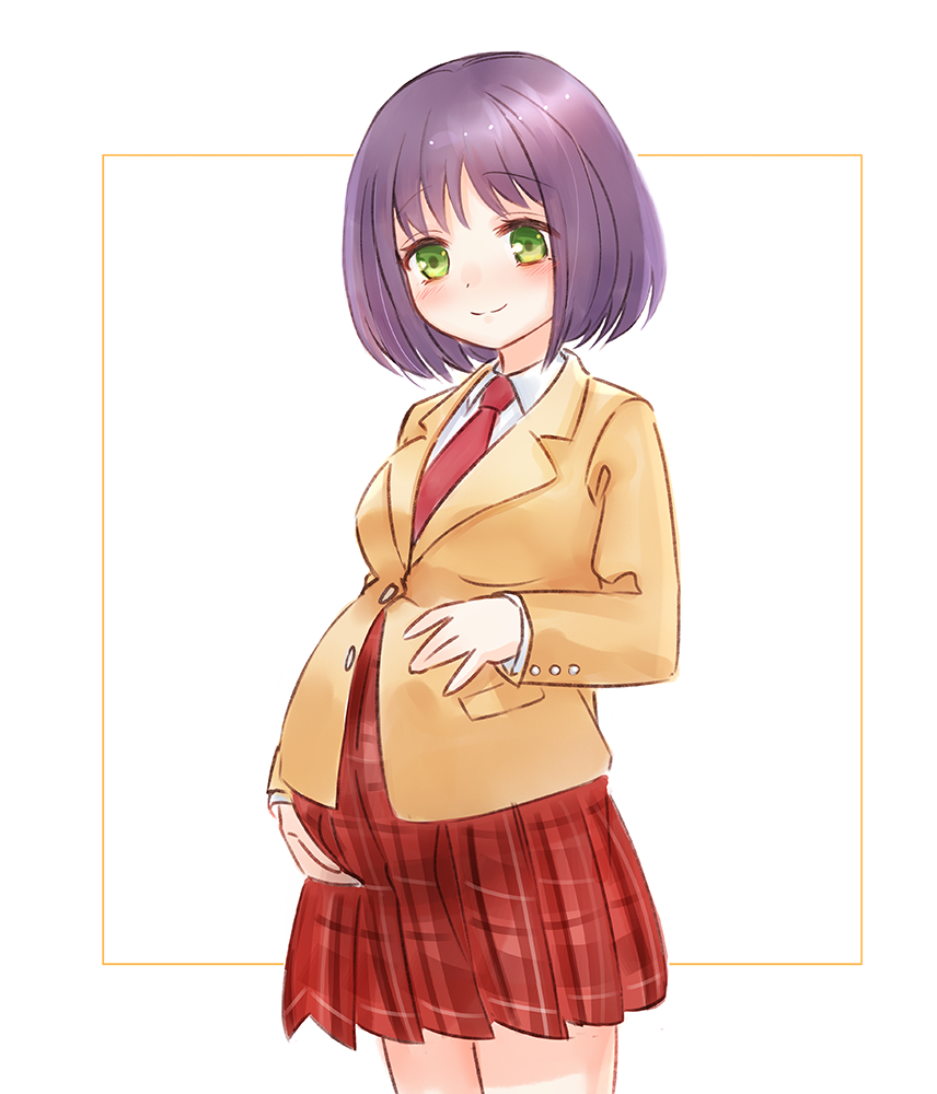 1girl, checkered_clothes, checkered_skirt, hinabita, kasuga_sakiko, necktie, pregnant, purple_hair