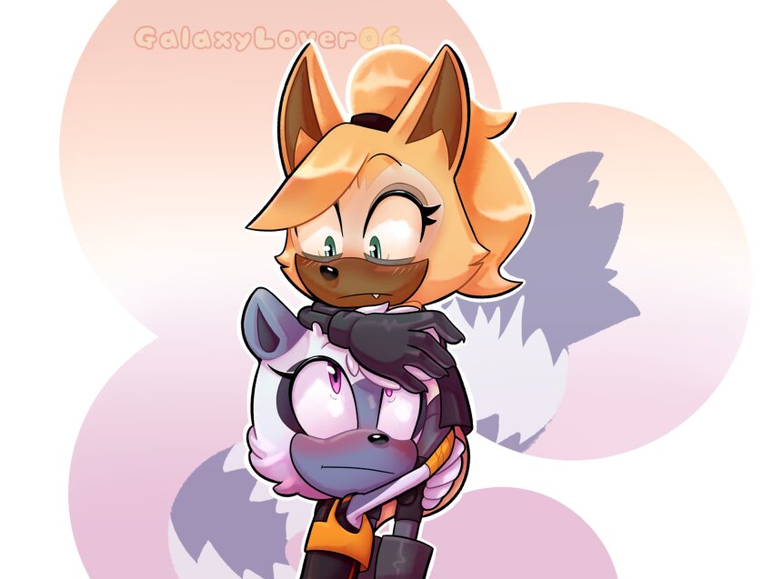 2girls, animal_ears, aqua_eyes, artist_name, best_friends_forever, black_gloves, brown_fur, furry